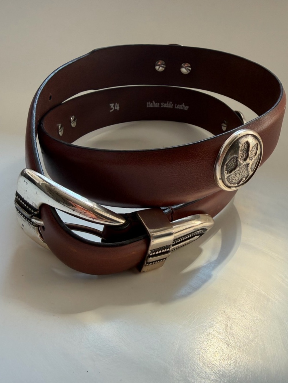 Enmon Clemson Belt Italian Saddle Leather Brown Silver Size 34
